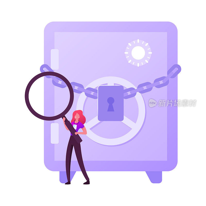 Tiny Female Character with Huge Magnifying Glass and Badge. Insider, Businesswoman, Bank Employee Stand at Closed Safe
